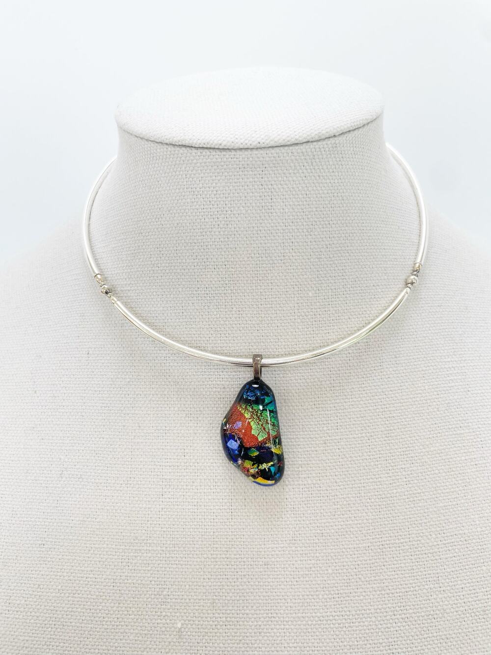 Handmade Dichroic Glass Pendant Silver Necklace Iridescent Multicolor